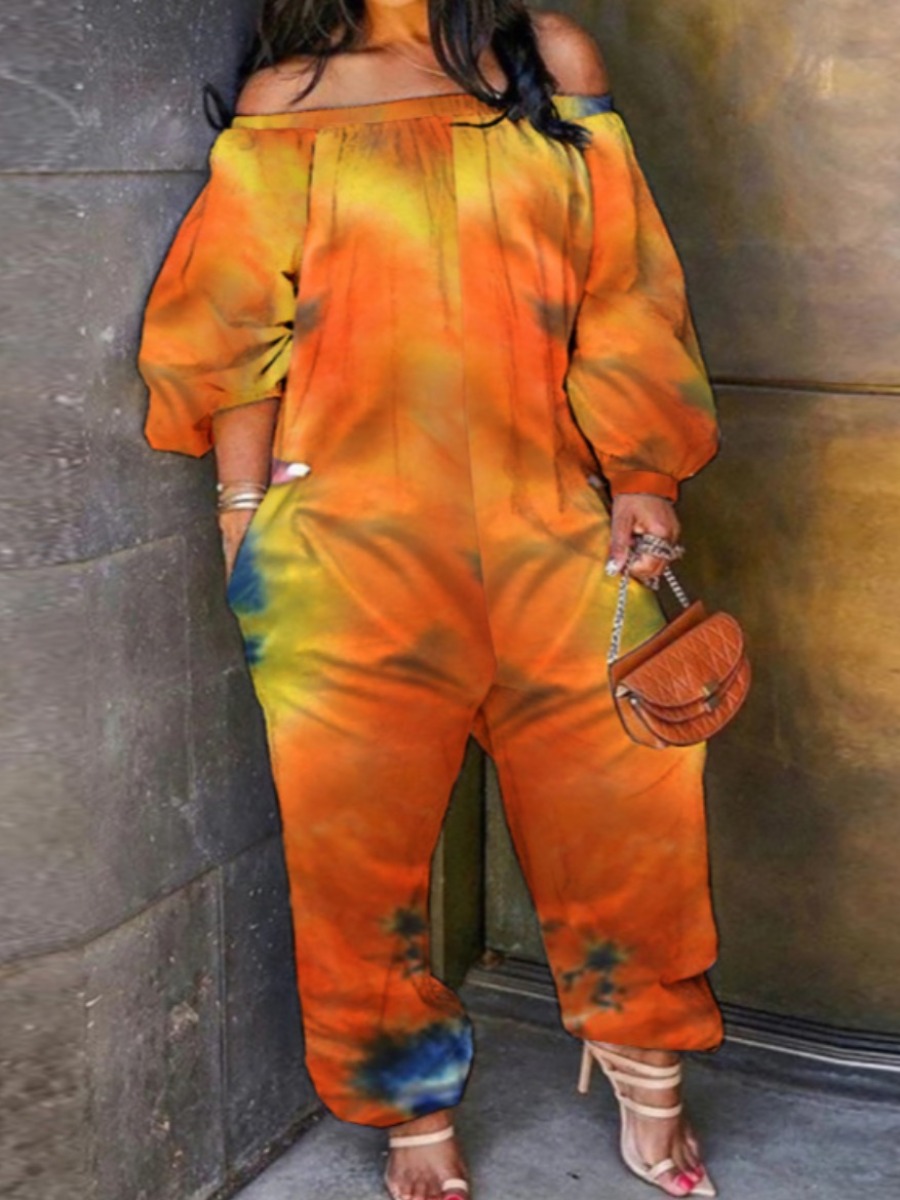 

Lovely Plus Size Street Off The Shoulder Tie-dye Orange One-piece Jumpsuit