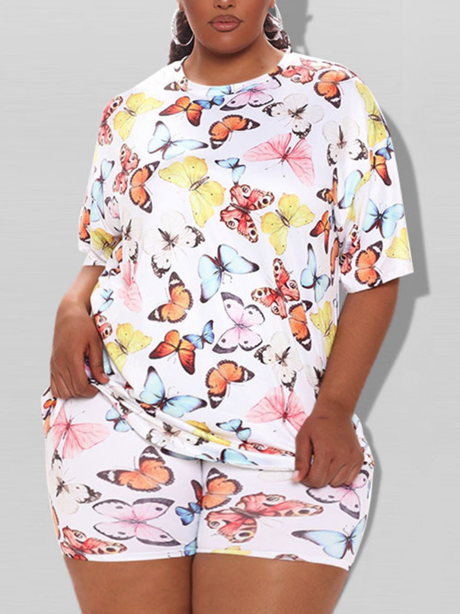 

Lovely Plus Size Casual O Neck Butterfly Print White Two-piece Shorts Set