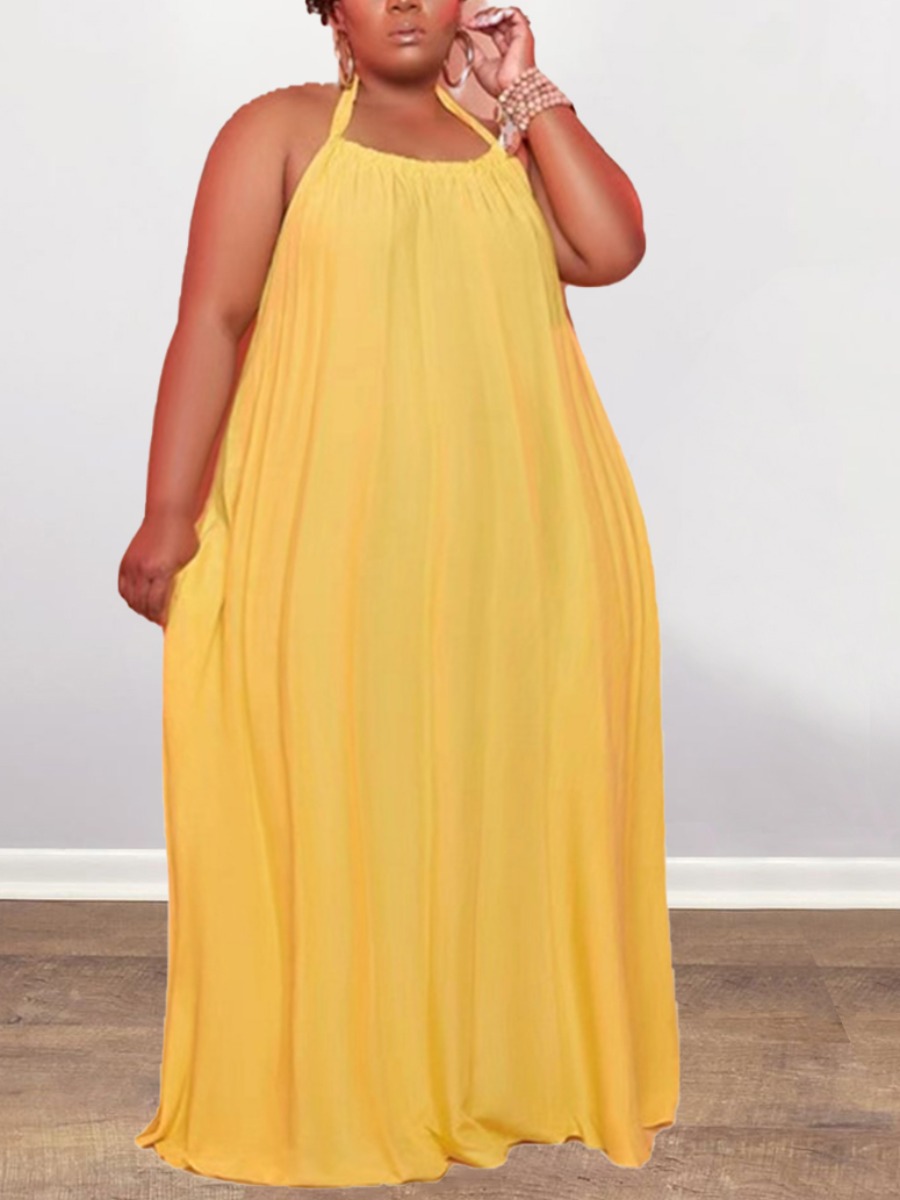 

Lovely Plus Size Casual Off The Shoulder Fold Design Yellow Floor Length Dress