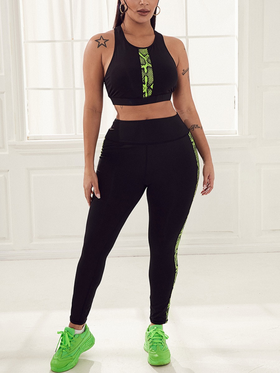 

Lovely Sporty O Neck Animal Print Black Yoga Two Piece Pants Set