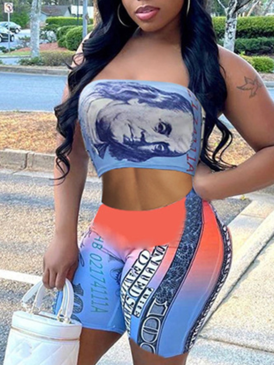 

Lovely Street Off The Shoulder Plaid Letter Print Blue Two Piece Shorts Set