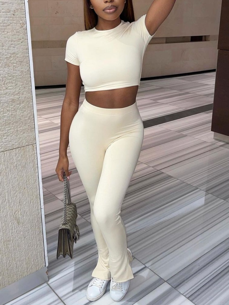 

Lovely Casual O Neck Split Apricot Two Piece Pants Set