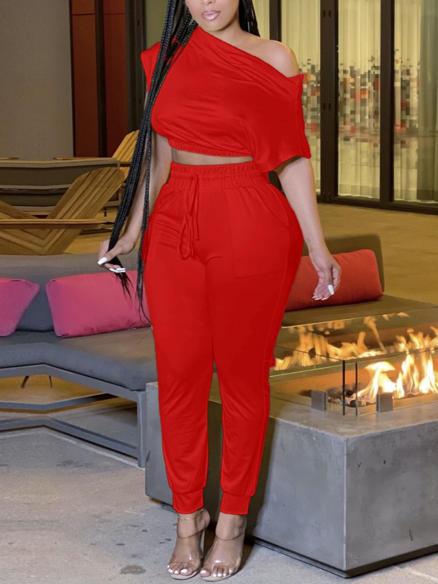 

Lovely Street Boat Neck Drawstring Red Two Piece Pants Set