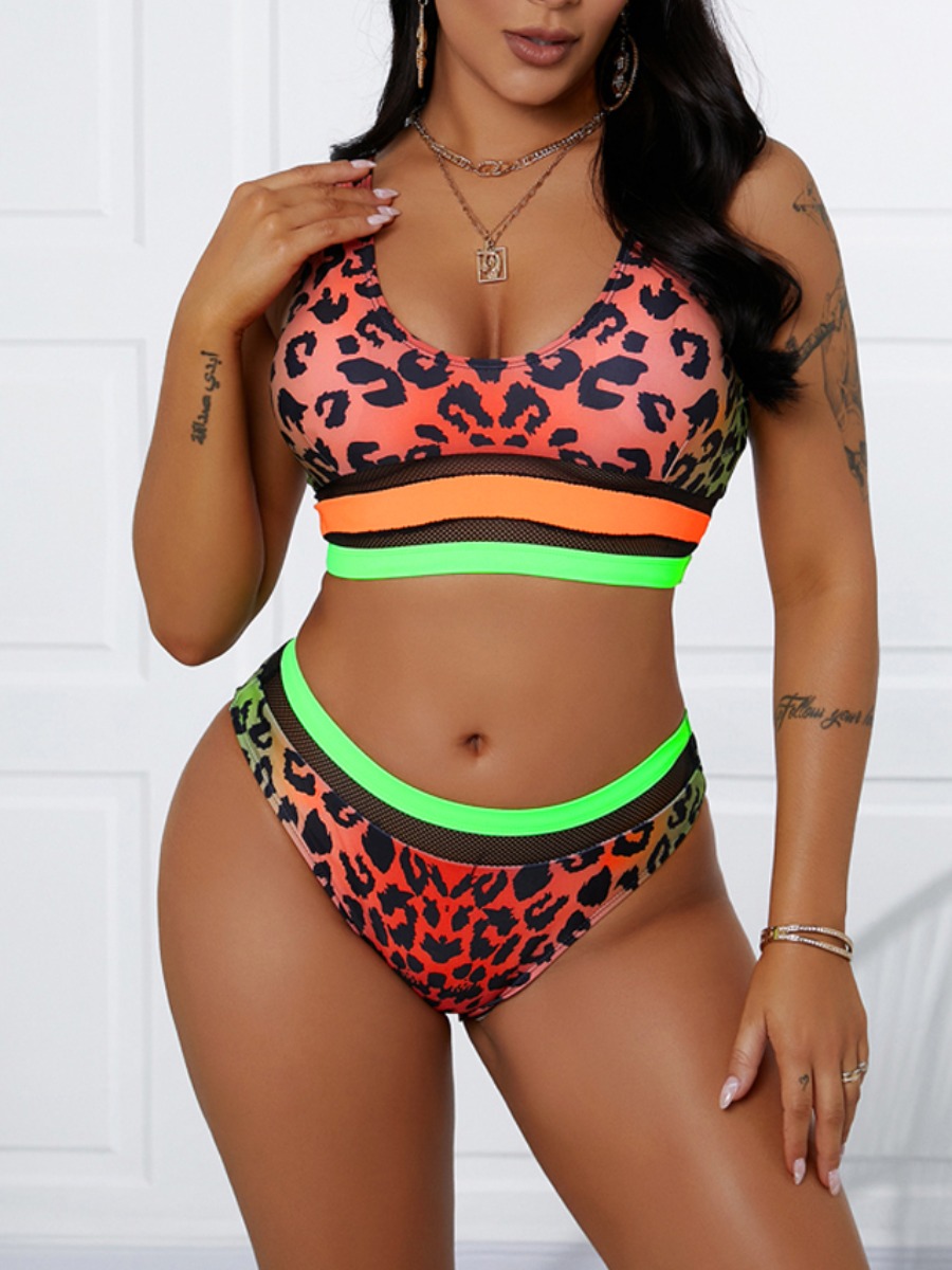 

Lovely Boho Leopard Print Striped Two-piece Swimsuit