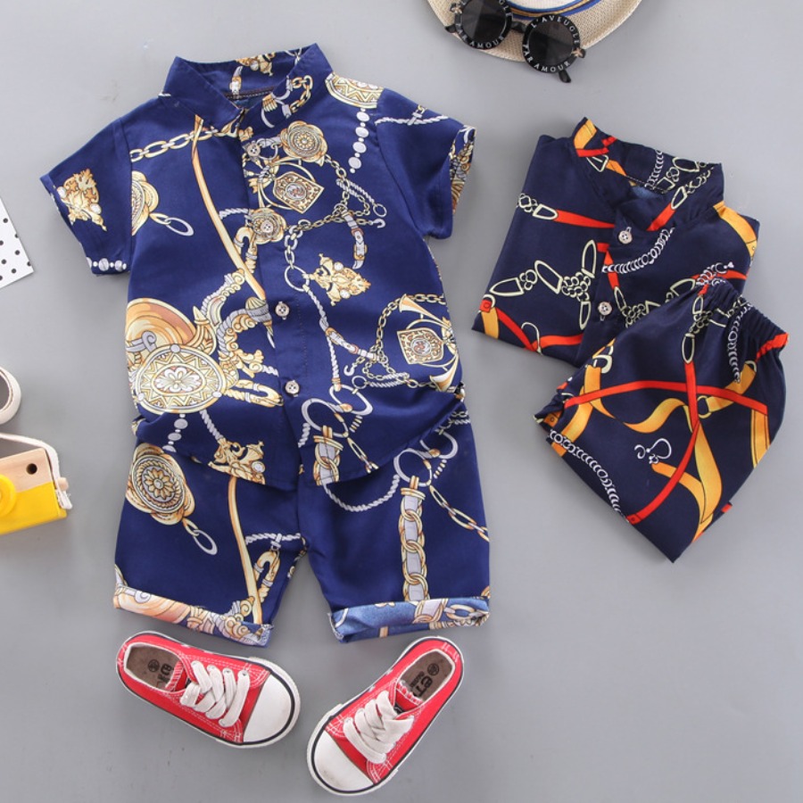 

Lovely Boy Boho Turndown Collar Chain Print Blue Two Piece Shorts Set