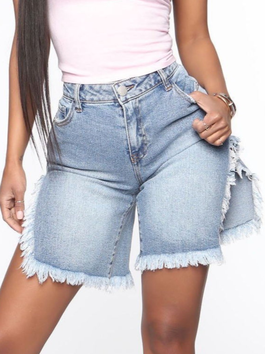 

Lovely Casual Raw Edge Split Blue Denim Shorts