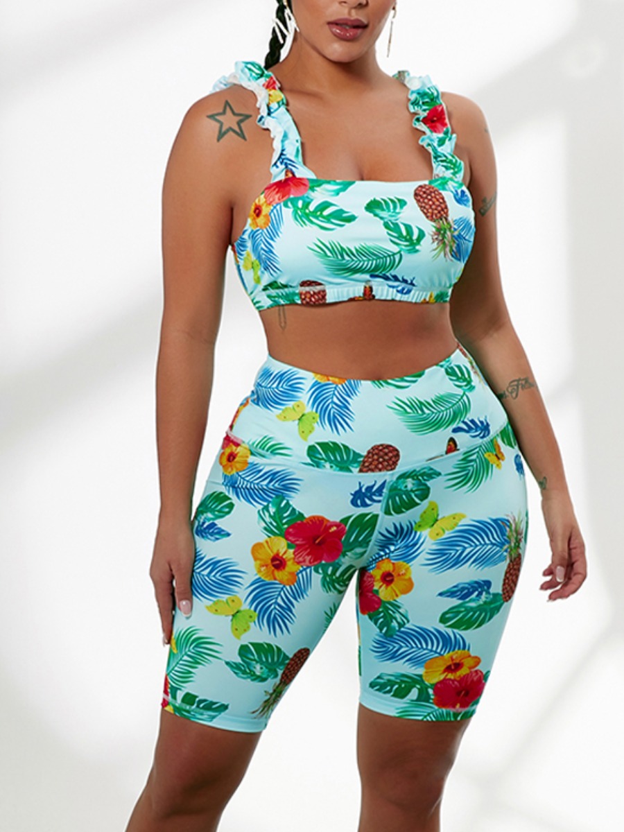 

Lovely Sporty Floral Print Flounce Design Green Two Piece Shorts Set