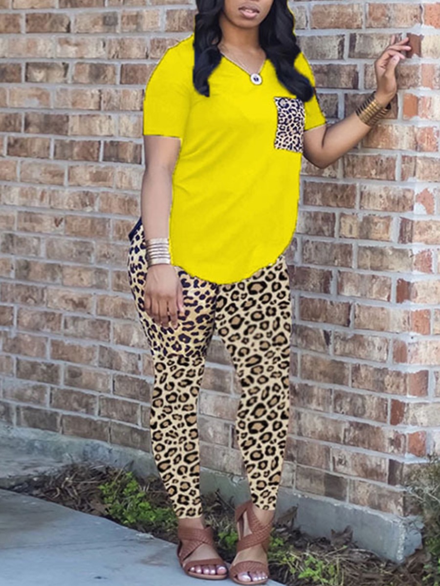 

Lovely Casual V Neck Leopard Print Yellow Two Piece Pants Set