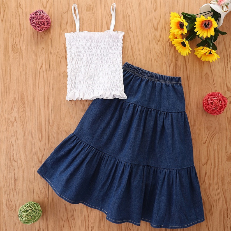 

Lovely Girl Casual Ruched Flounce Design White Two Piece Skirt Set