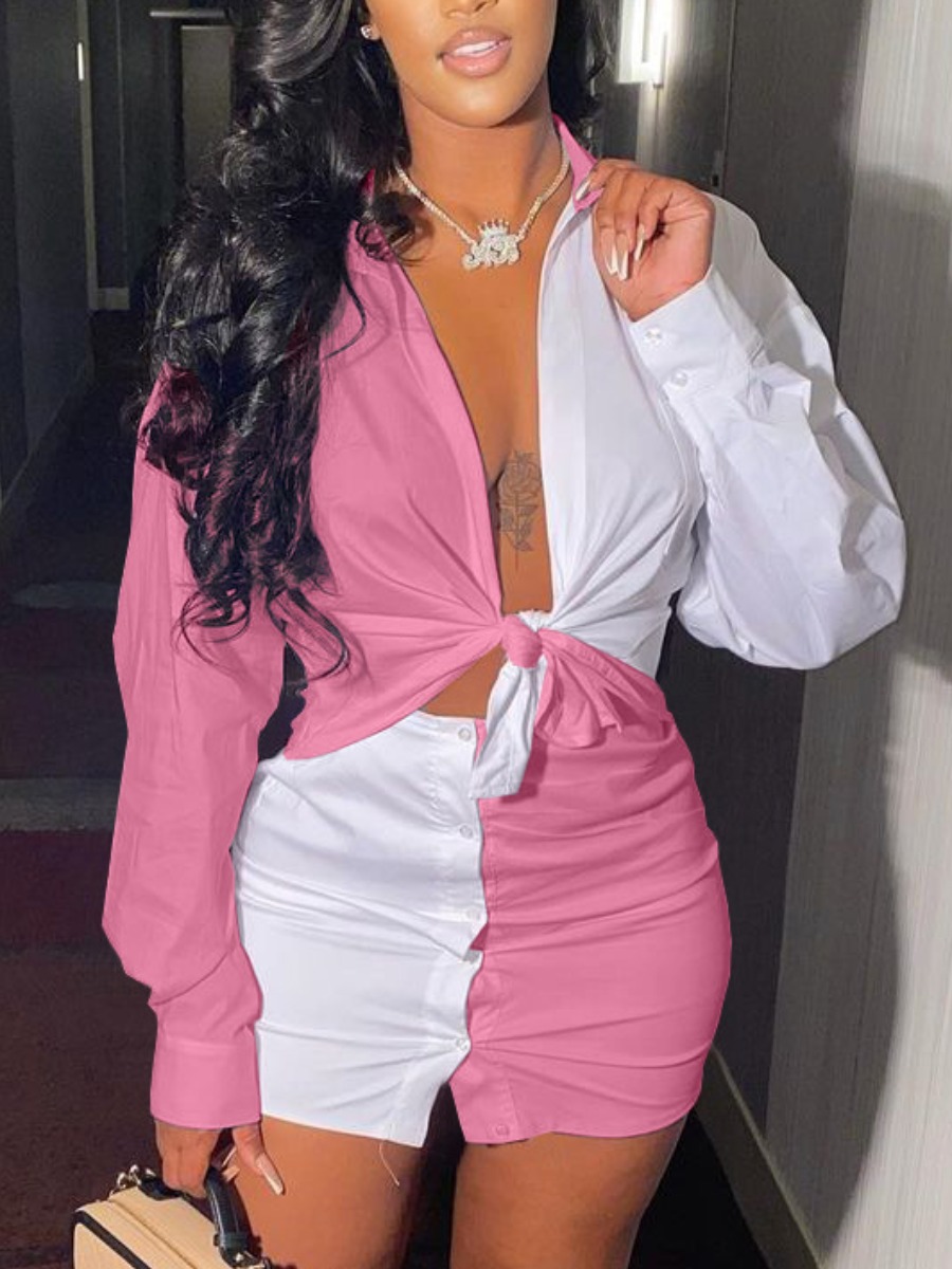 

Lovely Business Color-lump Button Design Pink Two Piece Skirt Set