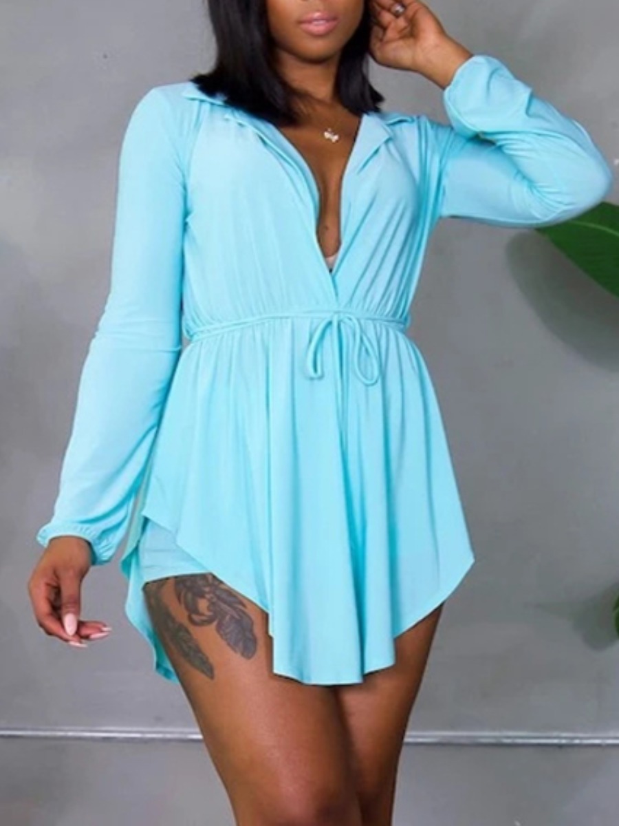 

LW Street Turndown Collar Drawstring Blue Two Piece Shorts Set