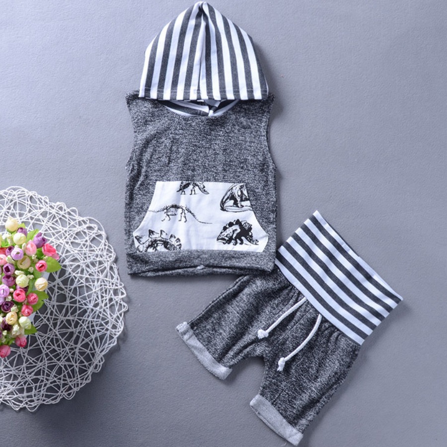 

Lovely Boy Sporty Hooded Collar Striped Grey Two Piece Shorts Set