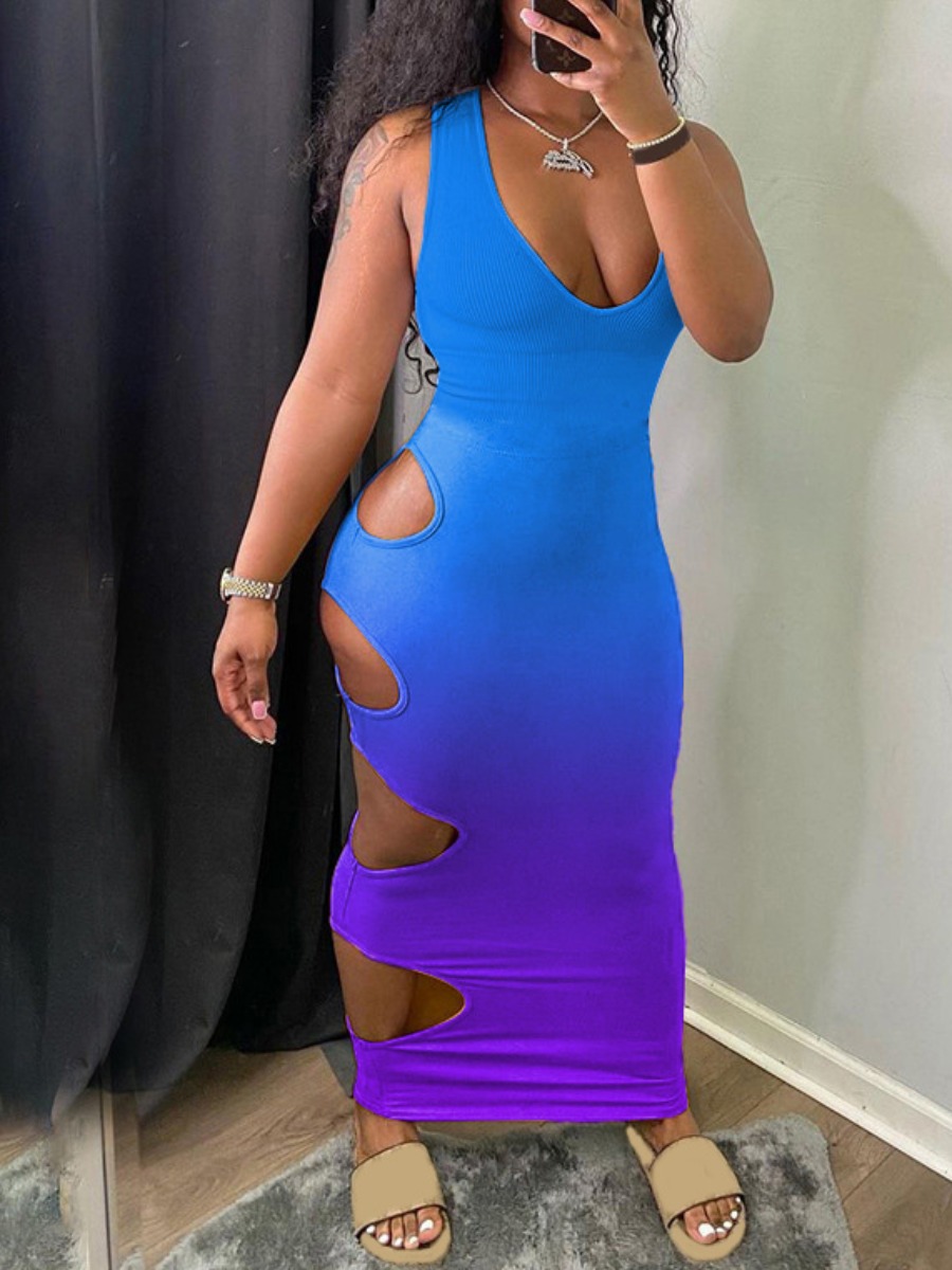 

Lovely Street Gradient Hollow-out Blue Ankle Length Dress