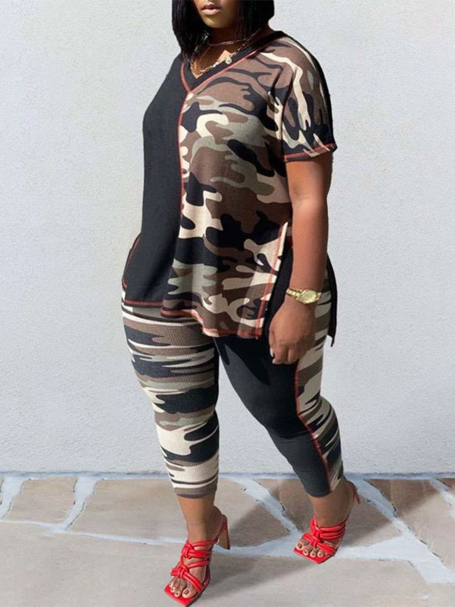

Lovely Plus Size Sporty Camo Print Split Two-piece Pants Set