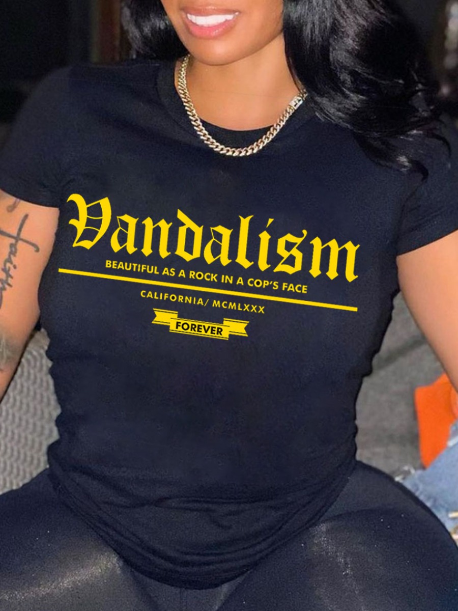 

Lovely Street O Neck Letter Print Black T-shirt