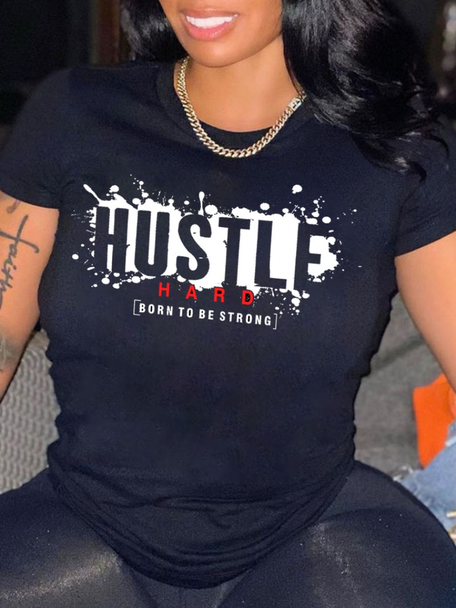 

Lovely Street O Neck Letter Print Black T-shirt