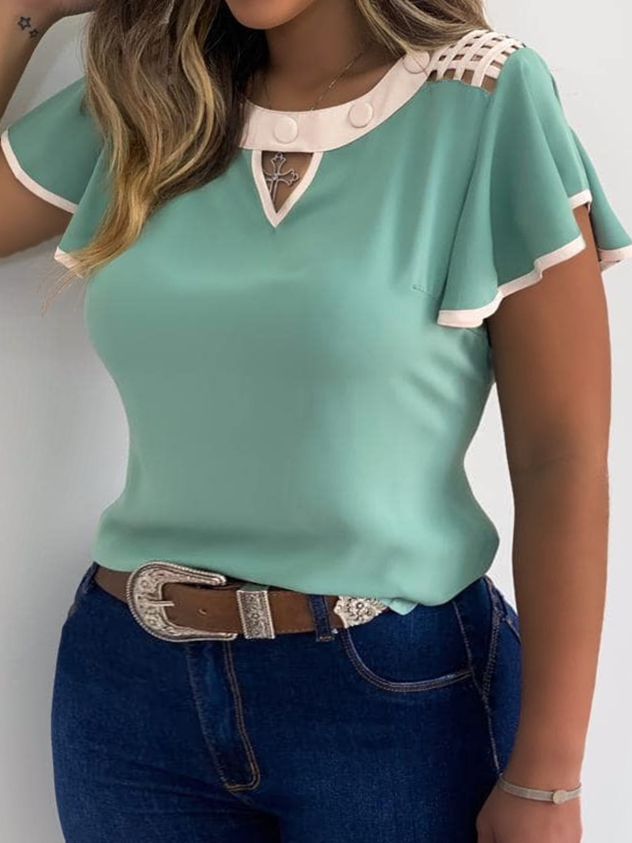 

Lovely Plus Size Sweet Button Flounce Design Green Blouse