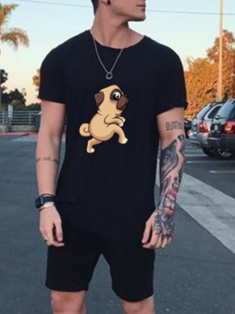 

Lovely Men Casual Cartoon Print Drawstring Black Two Piece Shorts Set
