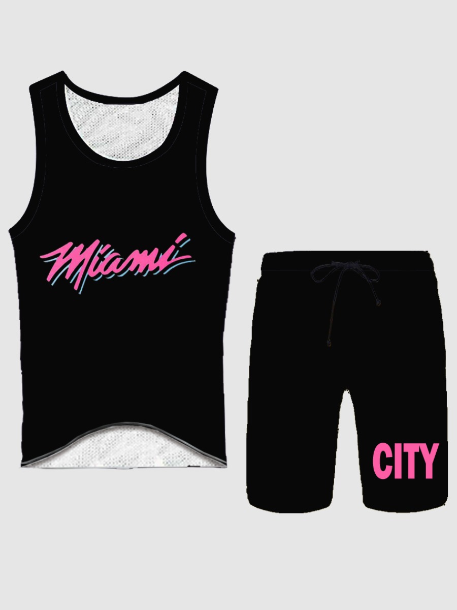 

Lovely Men Sporty O Neck Letter Print Black Two Piece Shorts Set