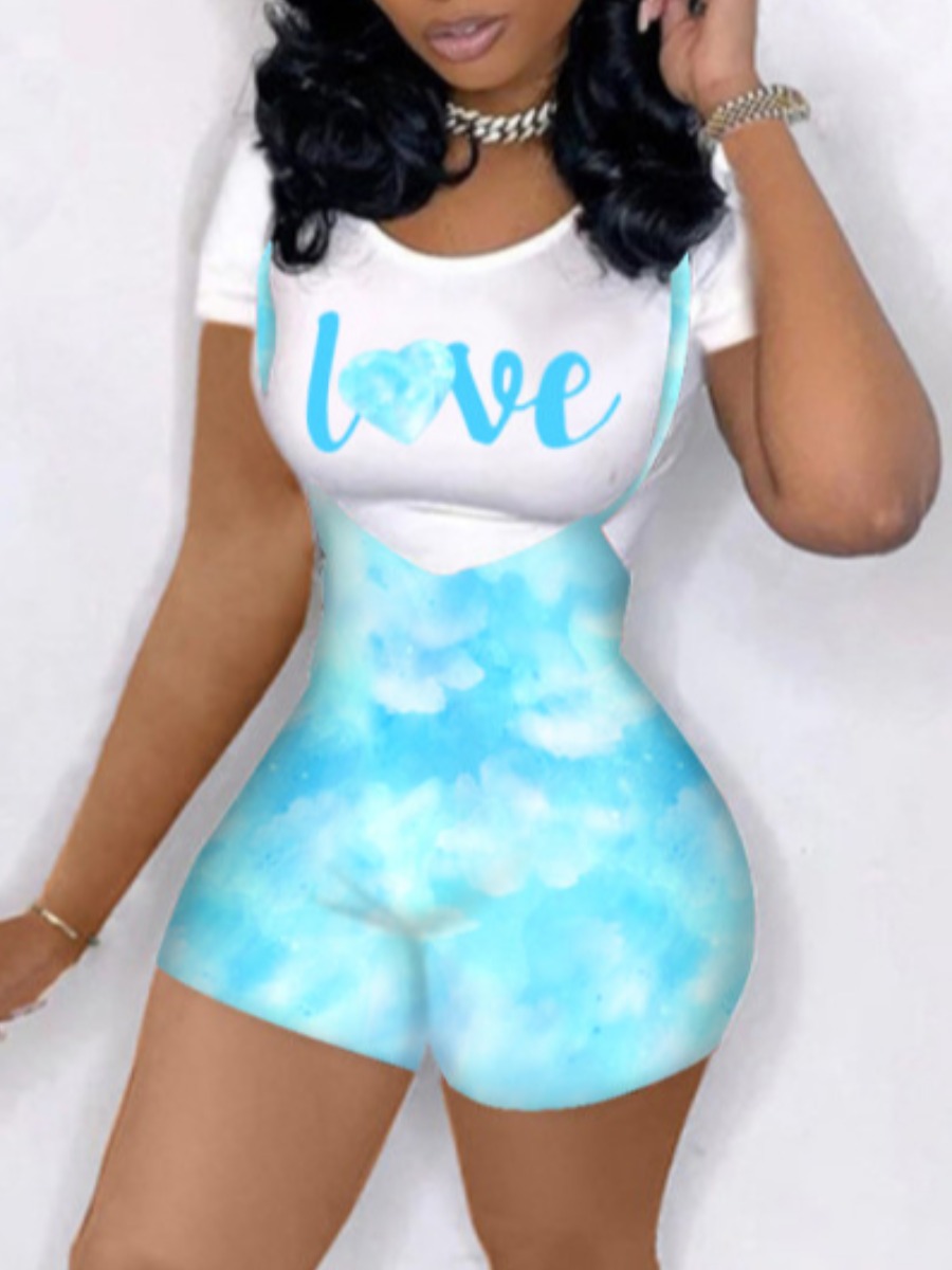 

Lovely Casual Tie-dye Suspender White One-piece Romper