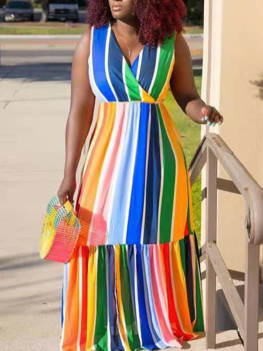

Lovely Plus Size Boho Striped Ruffle Design Multicolor Floor Length Dress, Multicolor mstn