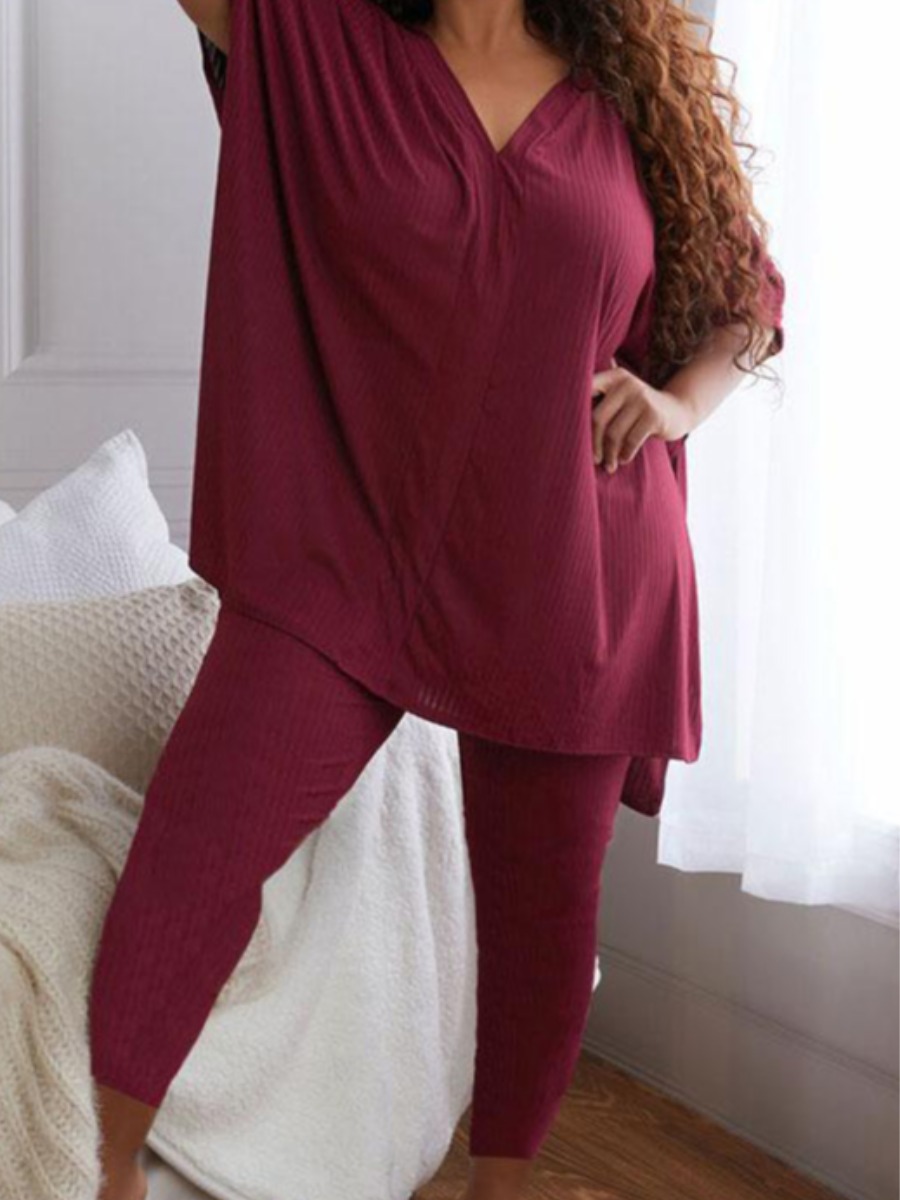 

Lovely Plus Size Casual V Neck Split Wine Red Two-piece Pants Set