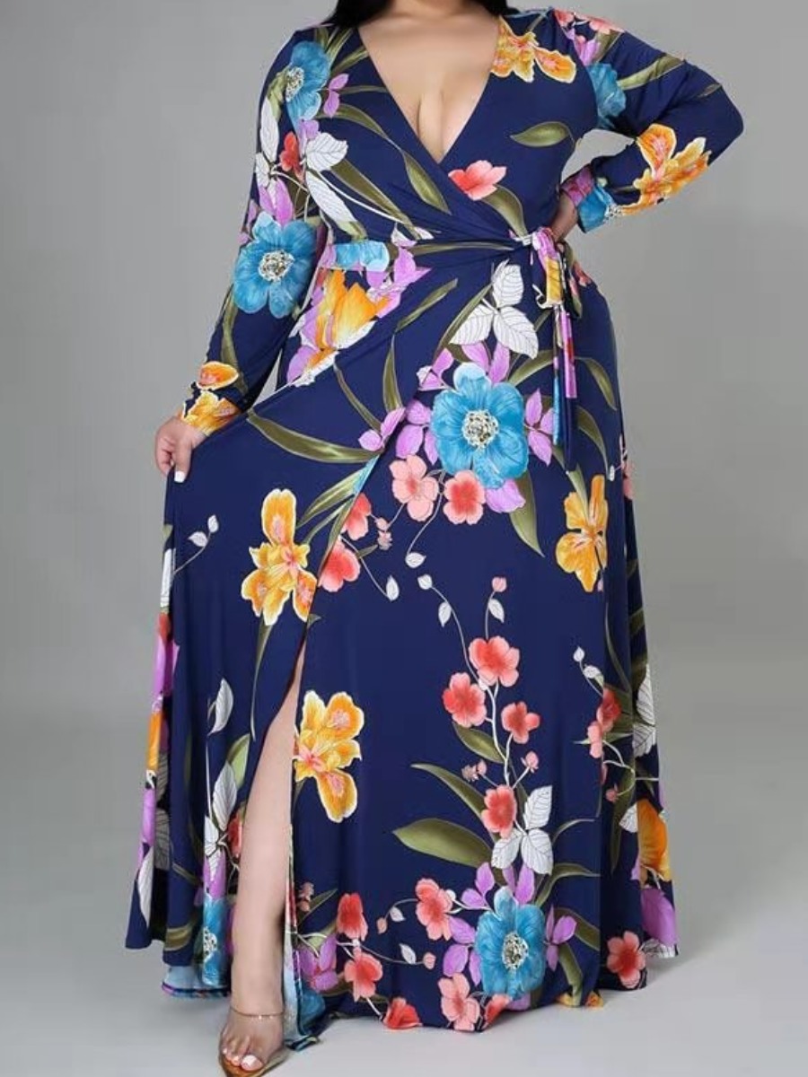 

Lovely Plus Size Boho Floral Print Bandage Design Blue Floor Length Dress