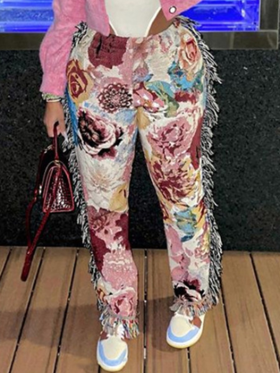 

Lovely Street Floral Print Tassel Design Red Pants