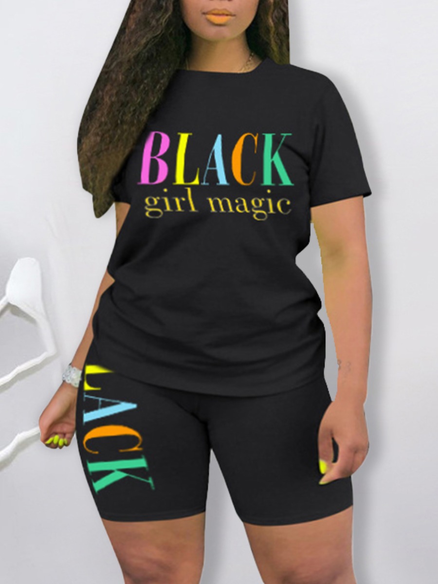 

Lovely Plus Size Casual O Neck Letter Print Black Two-piece Shorts Set