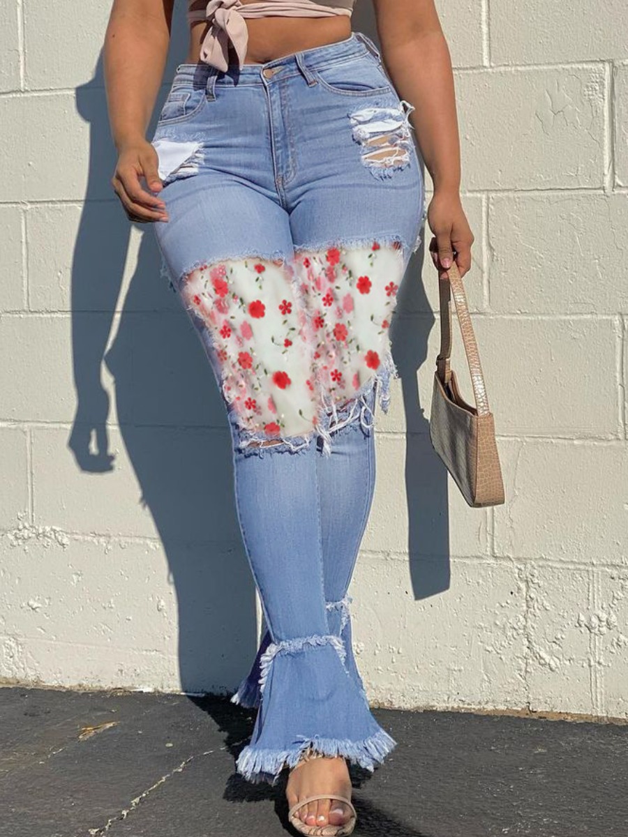 

LW Plus Size Street Floral Print Ripped Flared Blue Jeans