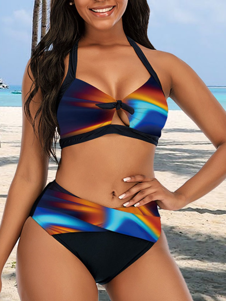 

Lovely Boho Print Hollow-out Blue Two-piece Swimsuit
