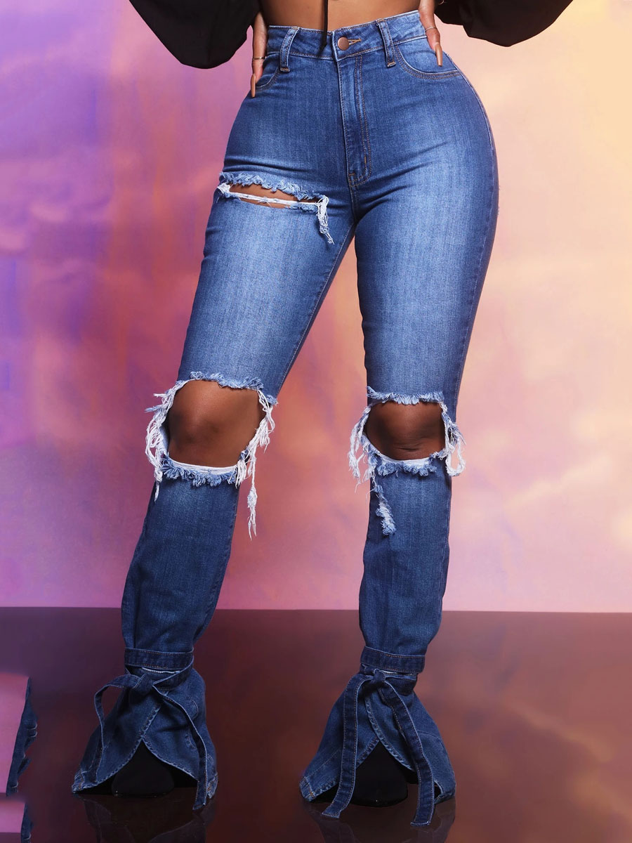 

Lovely Casual Ripped Flared Bandage Design Blue Jeans