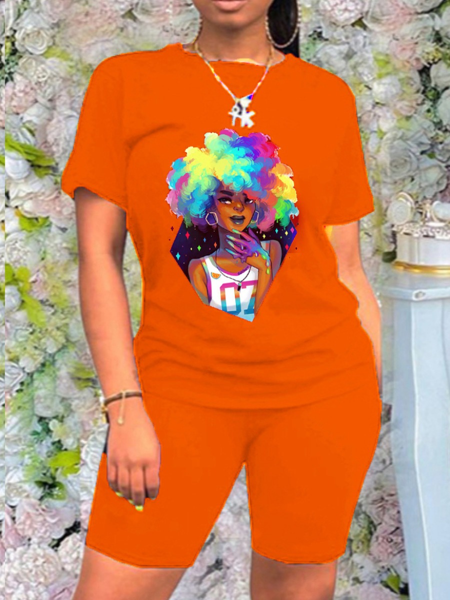 

Lovely Casual O Neck Graffiti Print Orange Two Piece Shorts Set