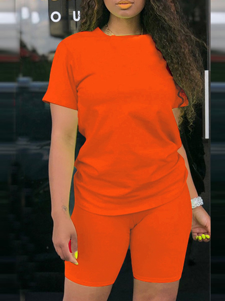 

Lovely Casual O Neck Elastic Orange Two Piece Shorts Set