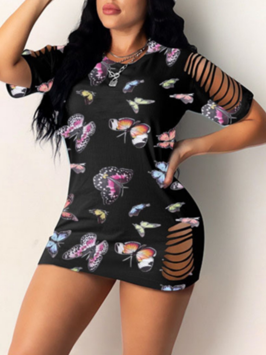 

Lovely Street O Neck Butterfly Print Broken Holes Black Mini Dress