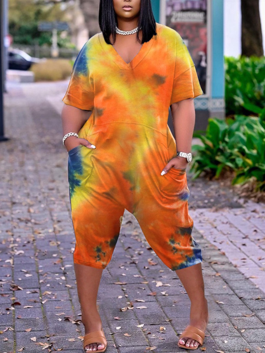 

Lovely Street V Neck Tie-dye Orange One-piece Jumpsuit