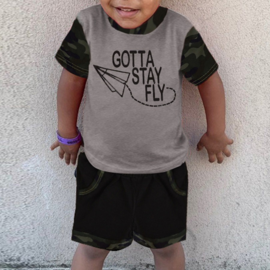

Lovely Boy Casual Letter Camo Print Grey Two Piece Shorts Set