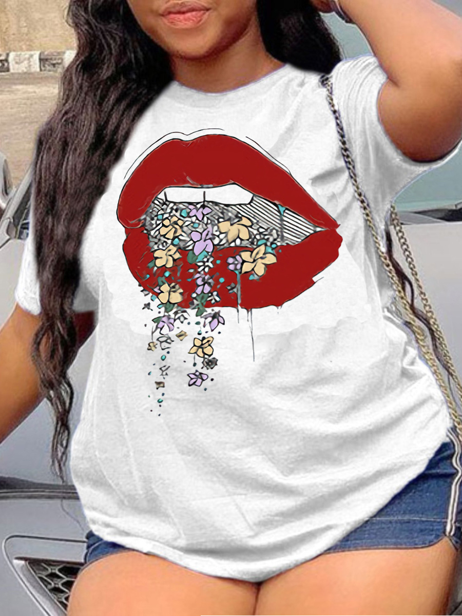 

Lovely Plus Size Casual O Neck Lip Print White T-shirt
