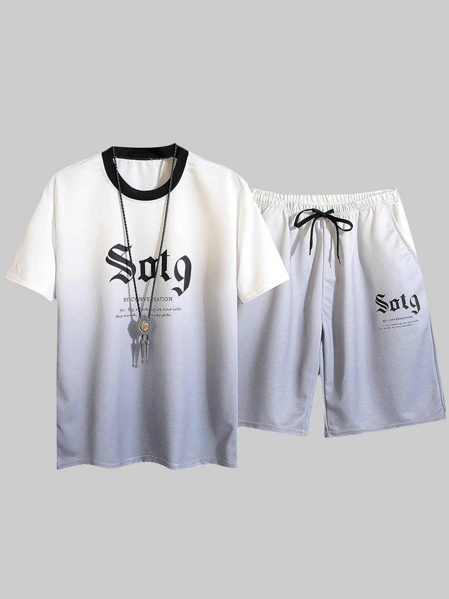 

Lovely Men Street Gradient Letter Print Drawstring White Two Piece Shorts Set