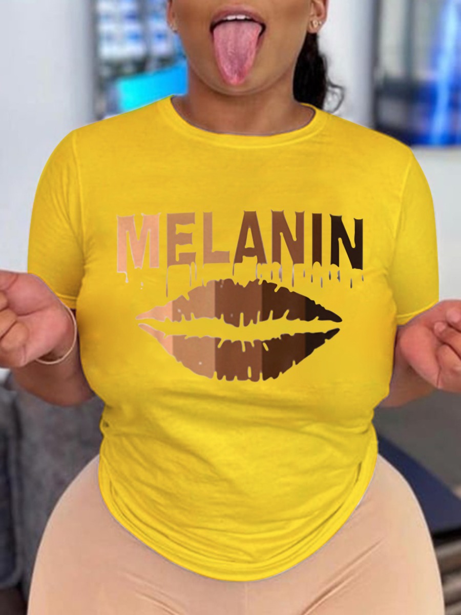 

Lovely Casual Lip Letter Print Yellow T-shirt