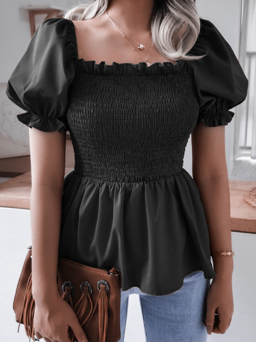 

Lovely Sweet Square Neck Ruffle Design Black Blouse