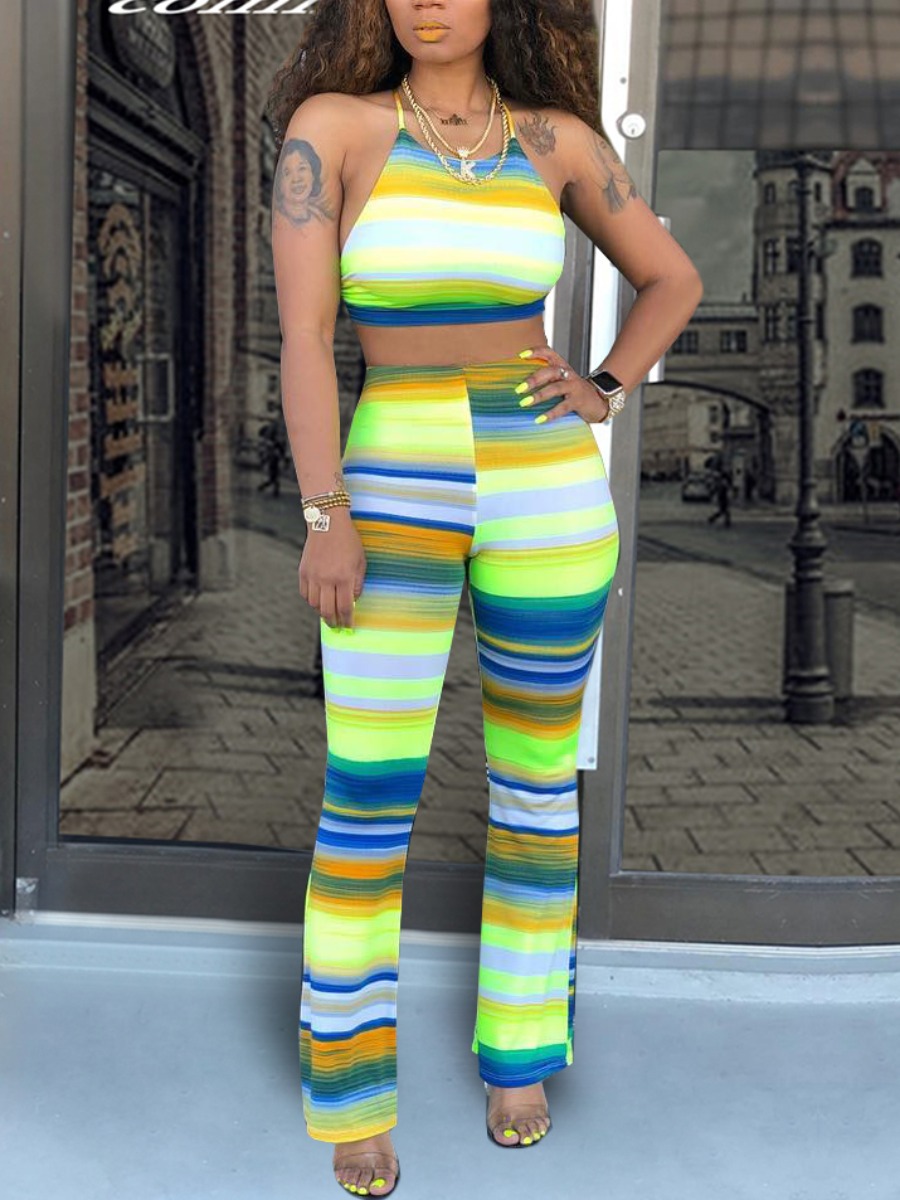 

LW Sexy Striped Backless Green Two Piece Pants Set