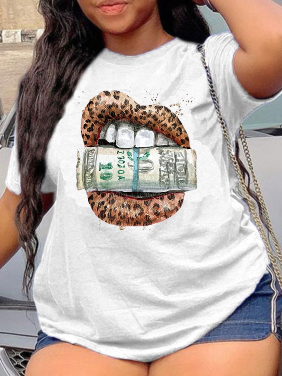 

Lovely Plus Size Casual O Neck Money Lip Print White T-shirt