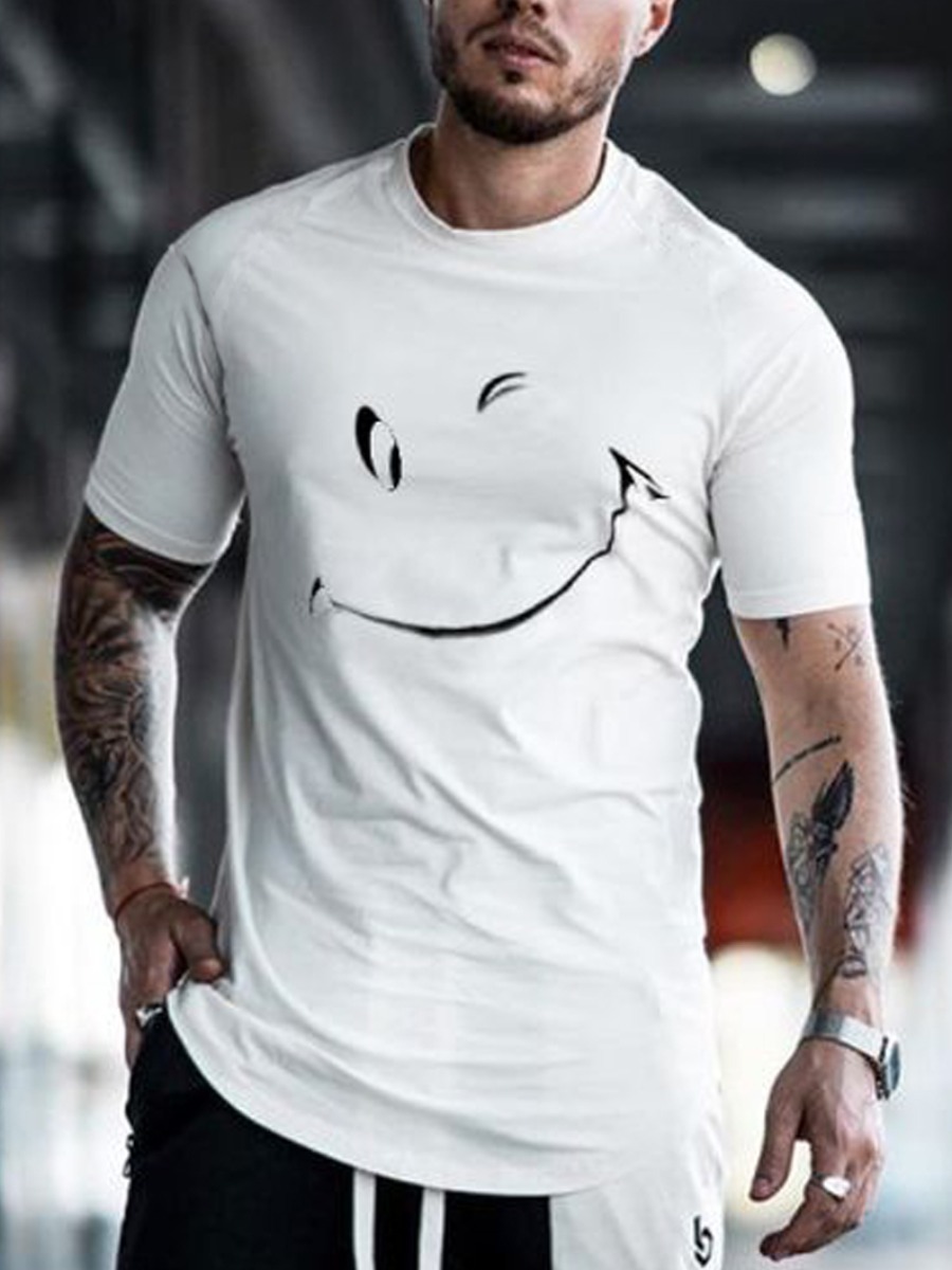 

Lovely Men Casual O Neck Smiley Face Print White T-shirt