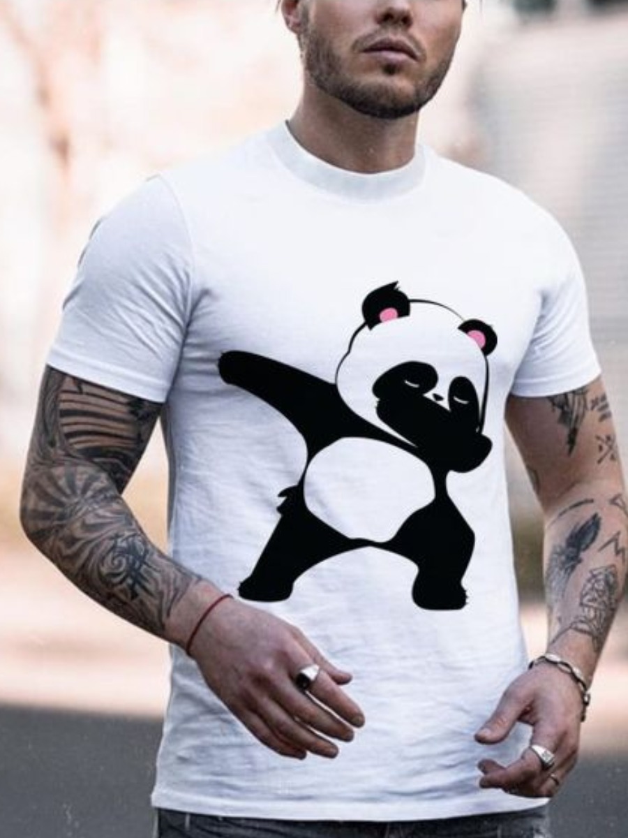 

Lovely Men Casual O Neck Panda Print White T-shirt