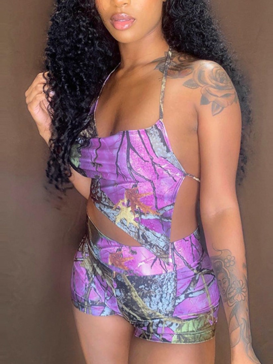 

Lovely Sexy Backless Tie Dye Purple Two Piece Shorts Set