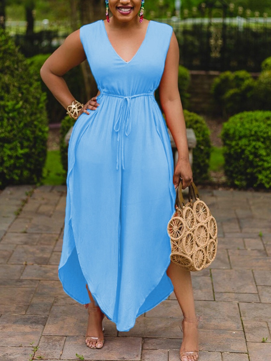 

Lovely Casual V Neck Bandage Design Asymmetrical Baby Blue One-piece Jumpsuit