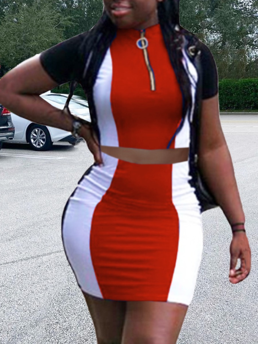 

Lovely Sporty Striped Patchwork Red Two Piece Skirt Set