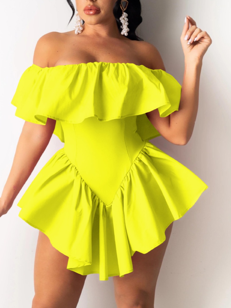 

Lovely Sweet Off The Shoulder Flounce Design Yellow One-piece Romper