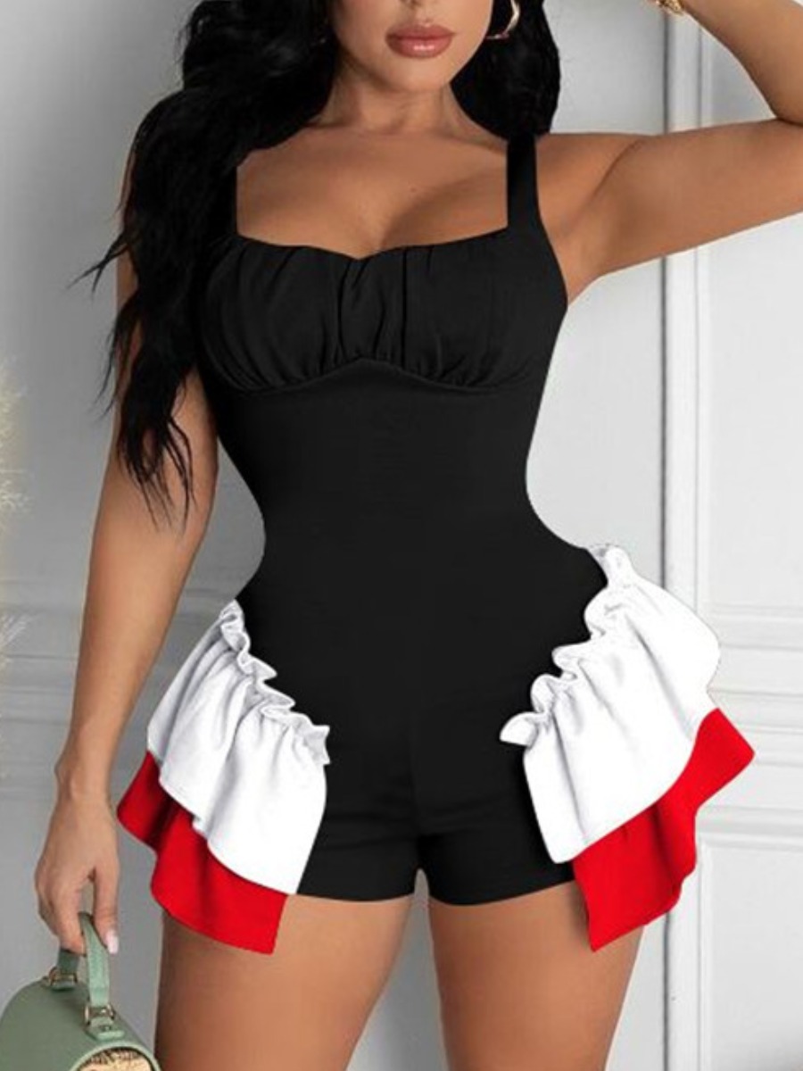 

Lovely Sweet Color-lump Flounce Design Black One-piece Romper